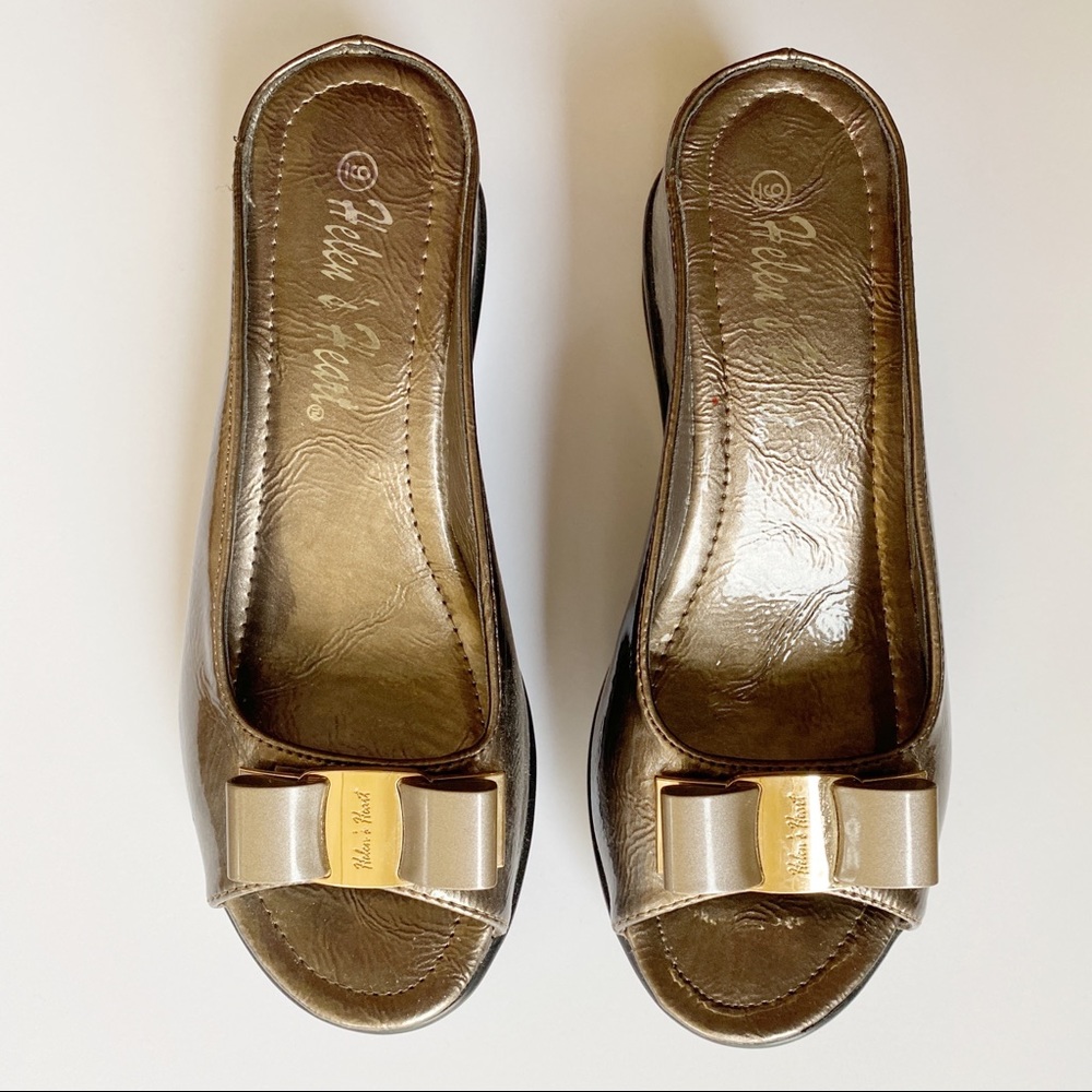 Gold metallic wedge peep toe women’s shoe